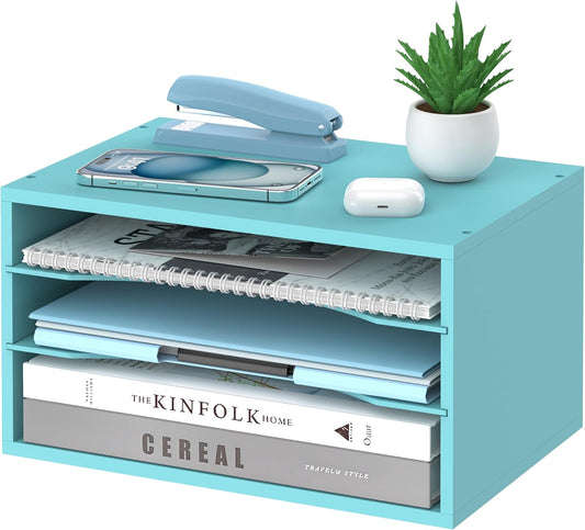 Wood Desk Organizer, 3 Tier Paper Tray Organizer for Desk with Adjustable Storage Shelves, Desktop Paper Sorter Mail Holder for Office Home Classroom, Blue