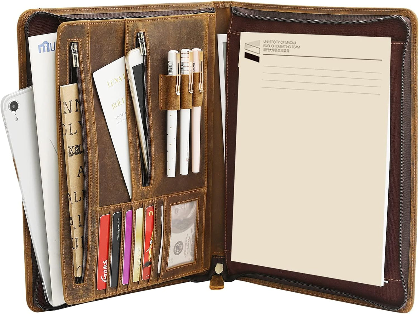 Ringsun Genuine Leather Portfolio with Zipper for Men Women, Padfolio Business Resume A4/Pad, Folder Organizer, Brown, RS01