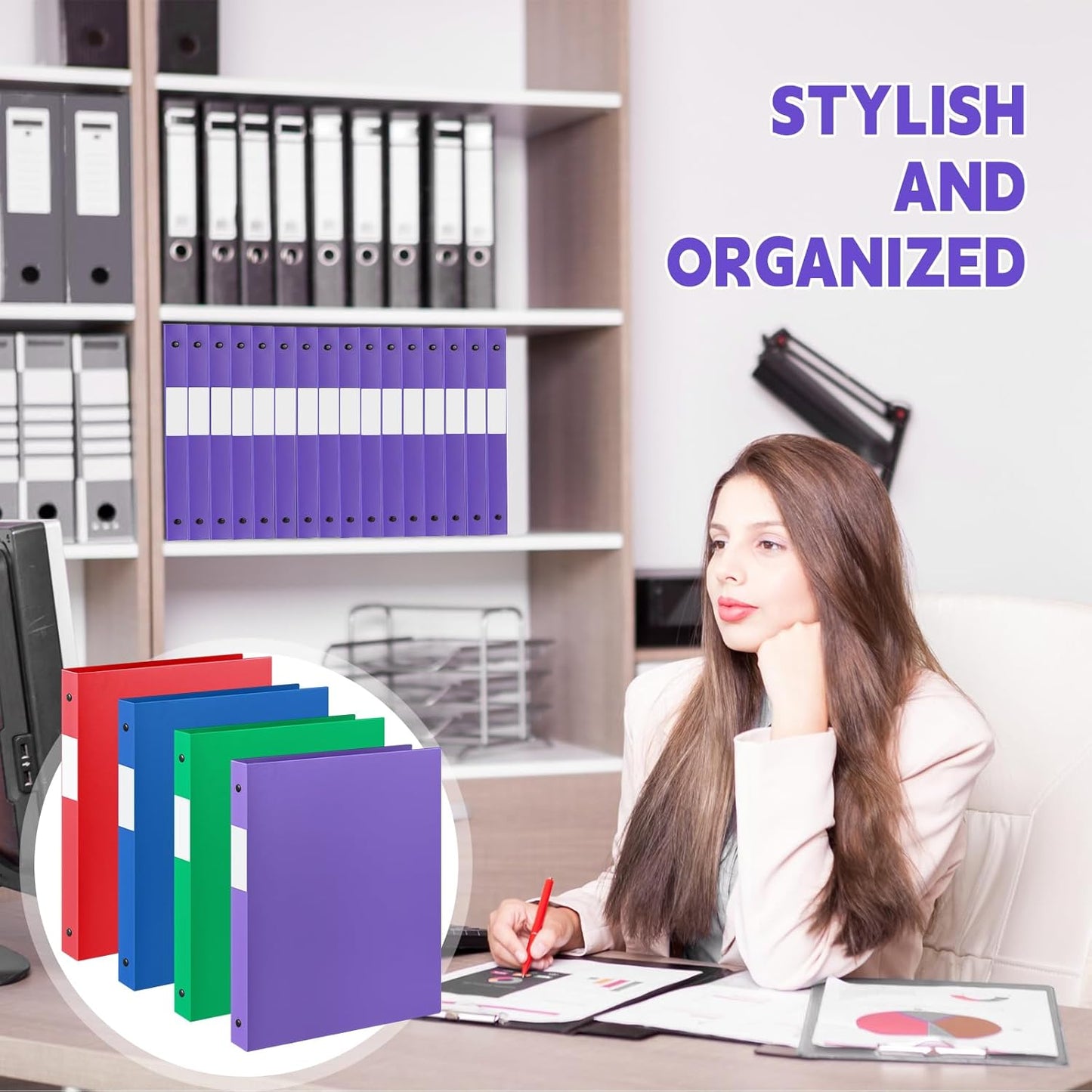 Henoyso 16 Pcs 3 Ring Binder 1/2'' Round Fits Letter Size 8. 5'' x 11'' Paper Plastic Flexible Binder Holds 100 Sheets with 1 Pockets Versatile Organizer for Office Home School (Blue Green Purple Red)