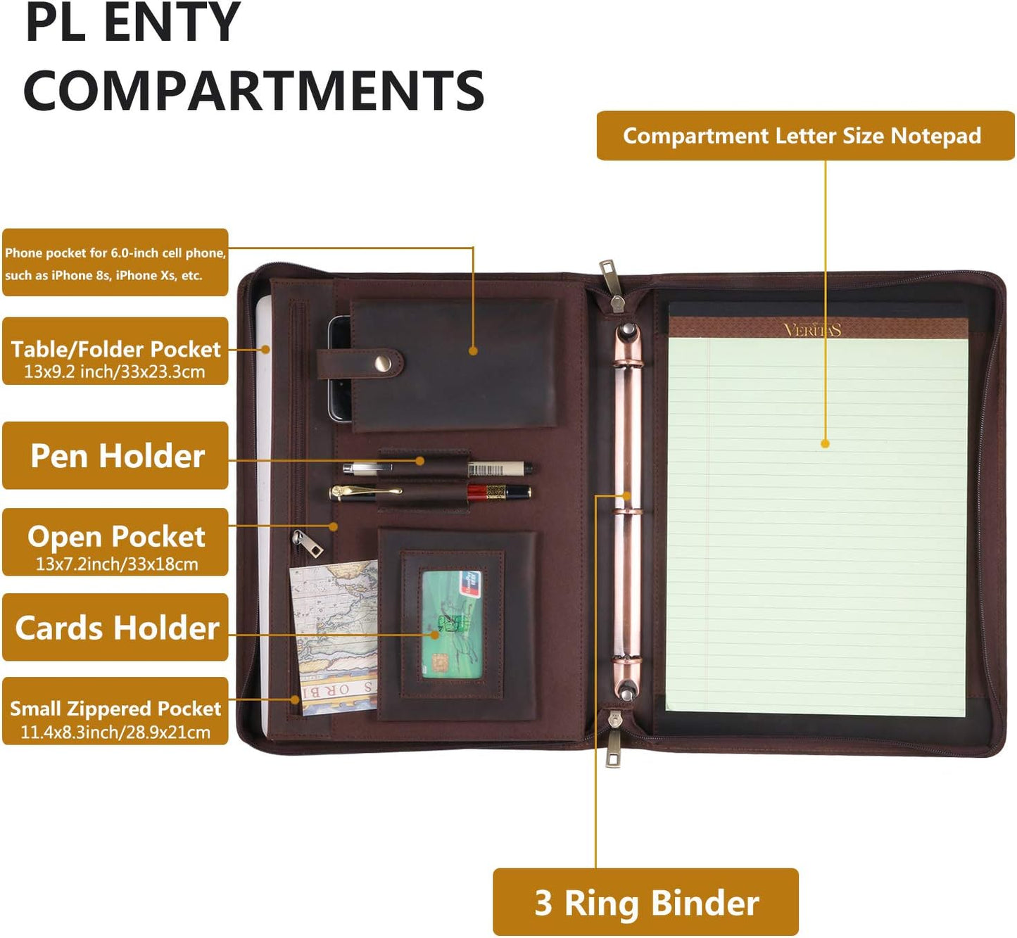 Professional Leather Business Padfolio Portfolio Case, 3 Ring Binder,Zippered Business Document Organizer Tablet Holder Folder Case,with Letter Size Notepad (Dark Brown Upgraded version)