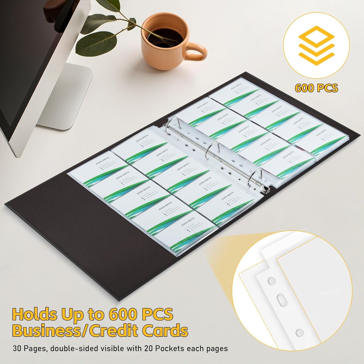 BYSTER A4 Business Card Binder, PU Leather Organizer with 30 Pack Sleeves (600 Pockets), Business Card Holder Book for Credit Cards, Membership Cards, and More - Black