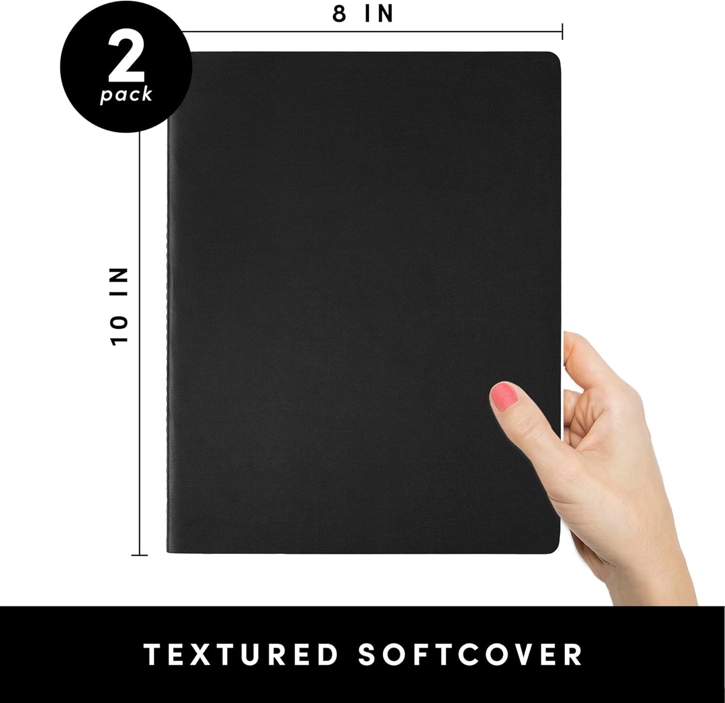 PAPERAGE Soft Cover Lined Journal Notebook, 2 Pack, (Black), 100 Pages, Large 7.5 inches x 9.5 inches, College Ruled, Ideal for Note Taking & Travel Journal