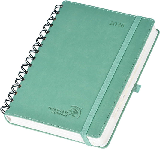 POPRUN 2026 Daily Planner One Page per Day (Medium 6'' x 8.5'') - 12 Months Calendar Appointment Book with Hourly Slots, Inner Pocket, Monthly Tabs, Pen Holder - Midnight Green