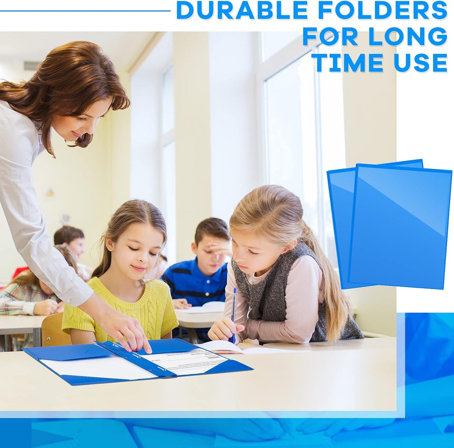 Henoyso 36 Pcs Plastic Folder with Clear Front Pocket and 3 Prong Plastic Folders with Card Slot Pocket Folders with Prongs for School Office (Blue)