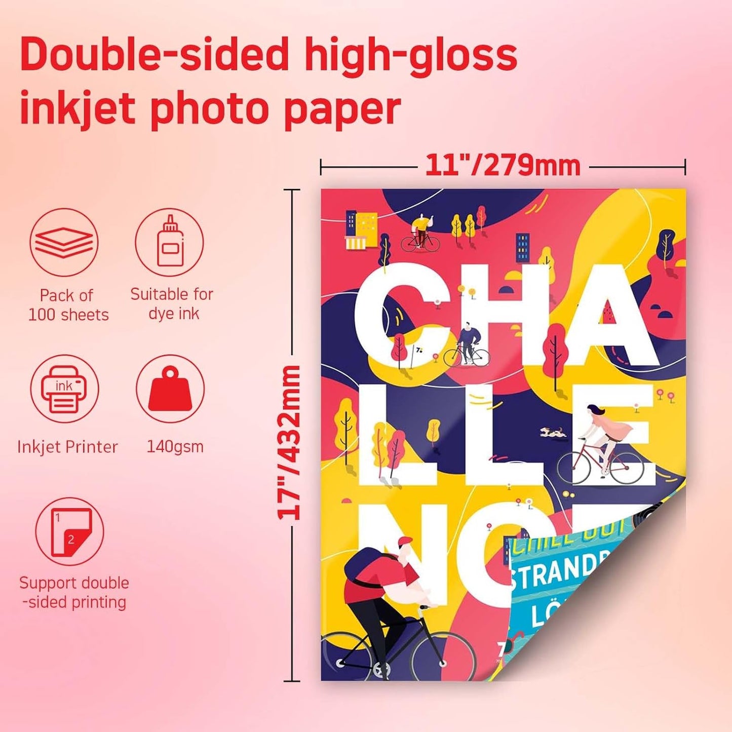 140gsm Double Sided Glossy Photo Paper 100 Sheets 11x17 Inches for Inkjet Printer and Dye Ink
