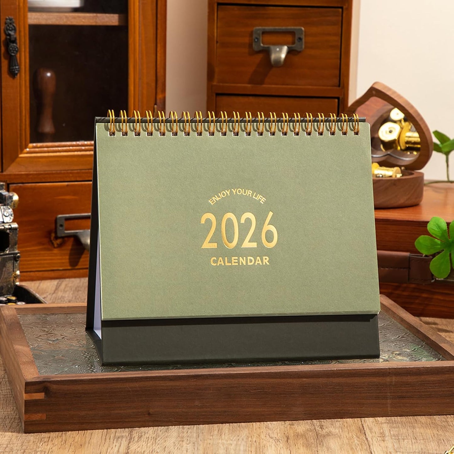 Small Desk Calendar 2025-2026, Standing Flip Desktop Calendar from July 2025 to Dec 2026 - Metal Ring Twin-Wire Binding Monthly Desktop Calendar for Home Office School (Green)