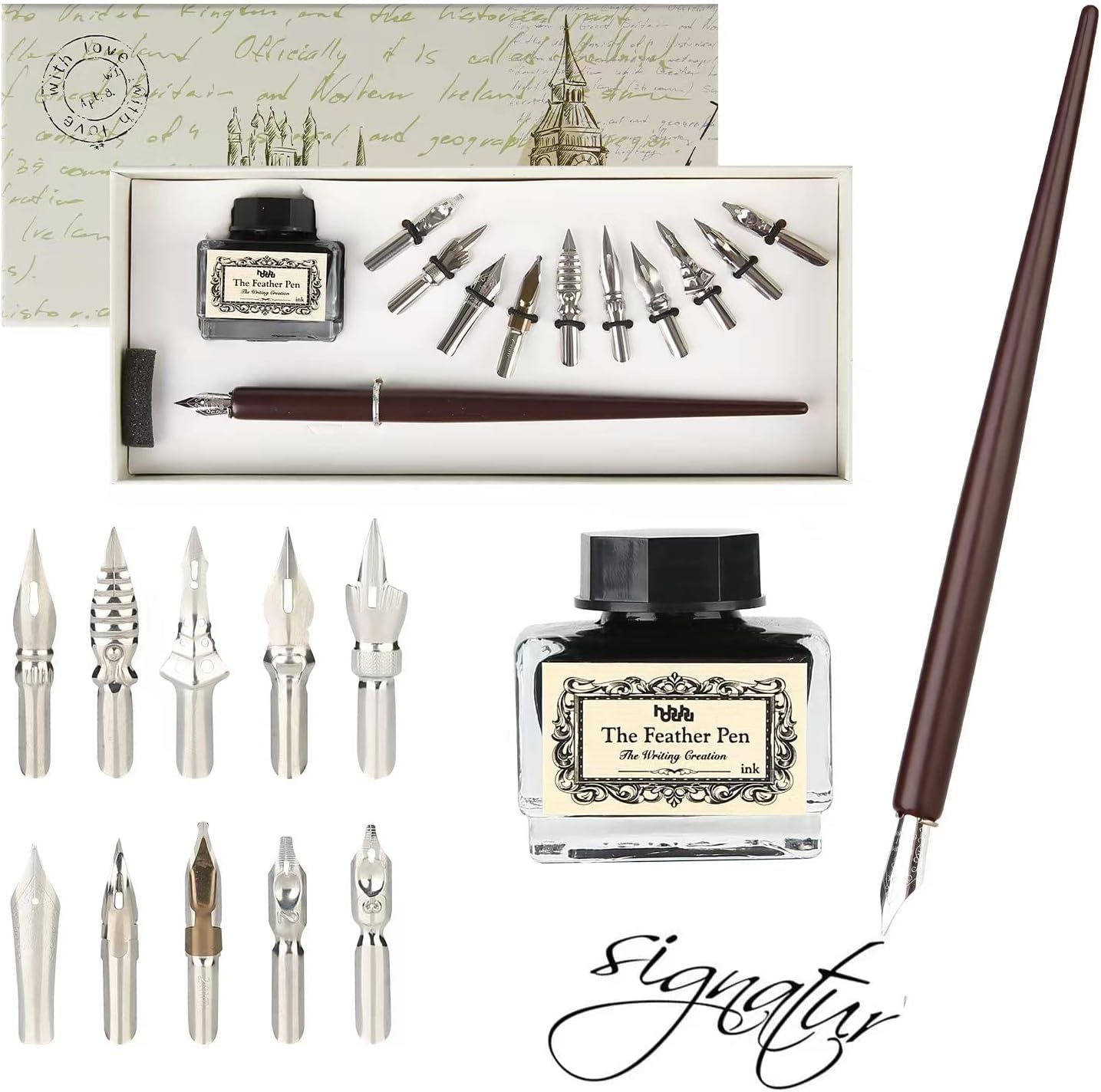 hhhouu Calligraphy Set for Beginners Quill Pen and Ink Set Fancy Pens with Black Ink and 11 Nibs for Lettering,Drawing, Journaling, Signing, Invitation HO-Q-301