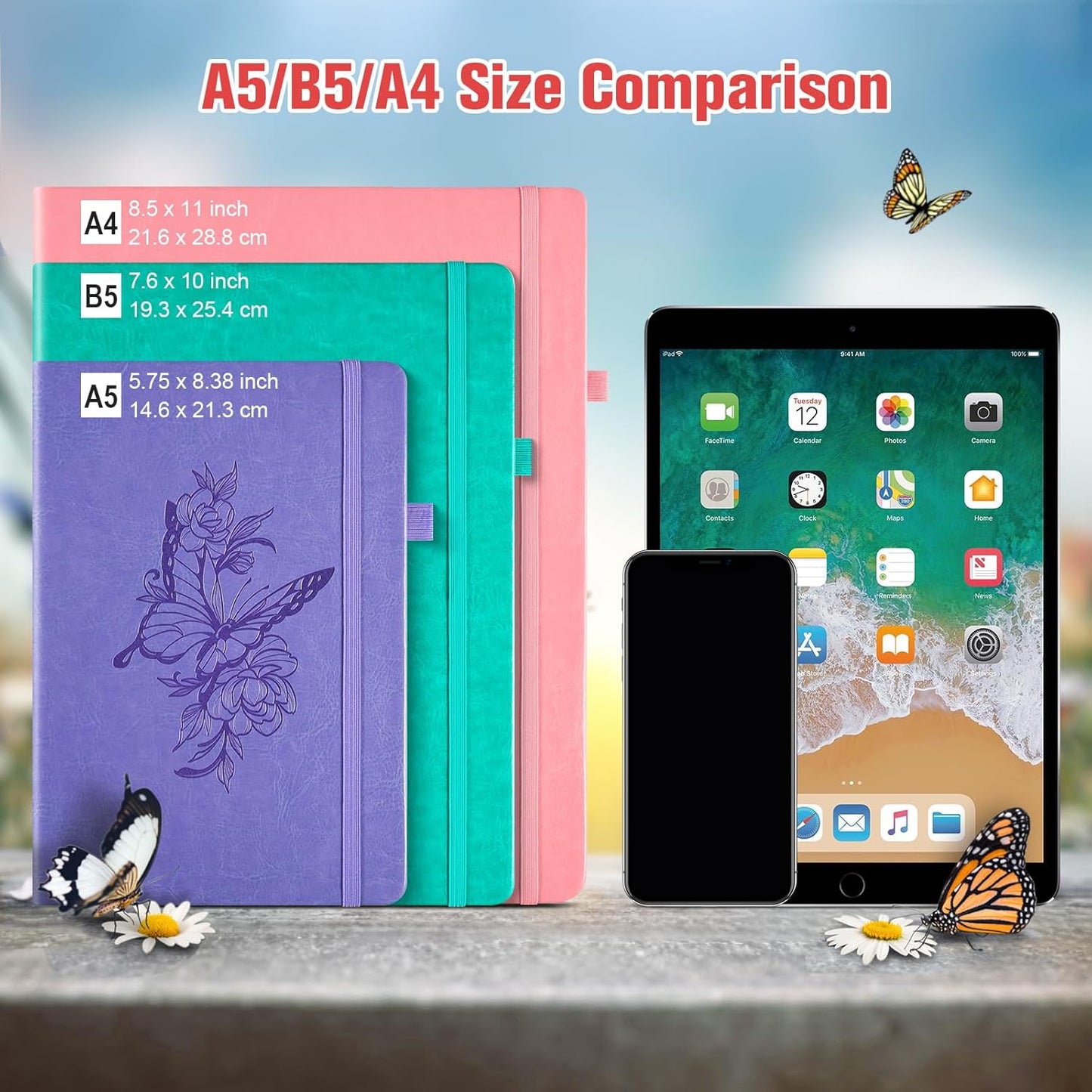 Lined Notebook Journal for Women Men, 312 Numbered Pages B5 Thick Leather Journals for Writing, Daily Diary Journal for Work School, Hardcover College Ruled Notebook, Butterfly Flower Notebook, Red