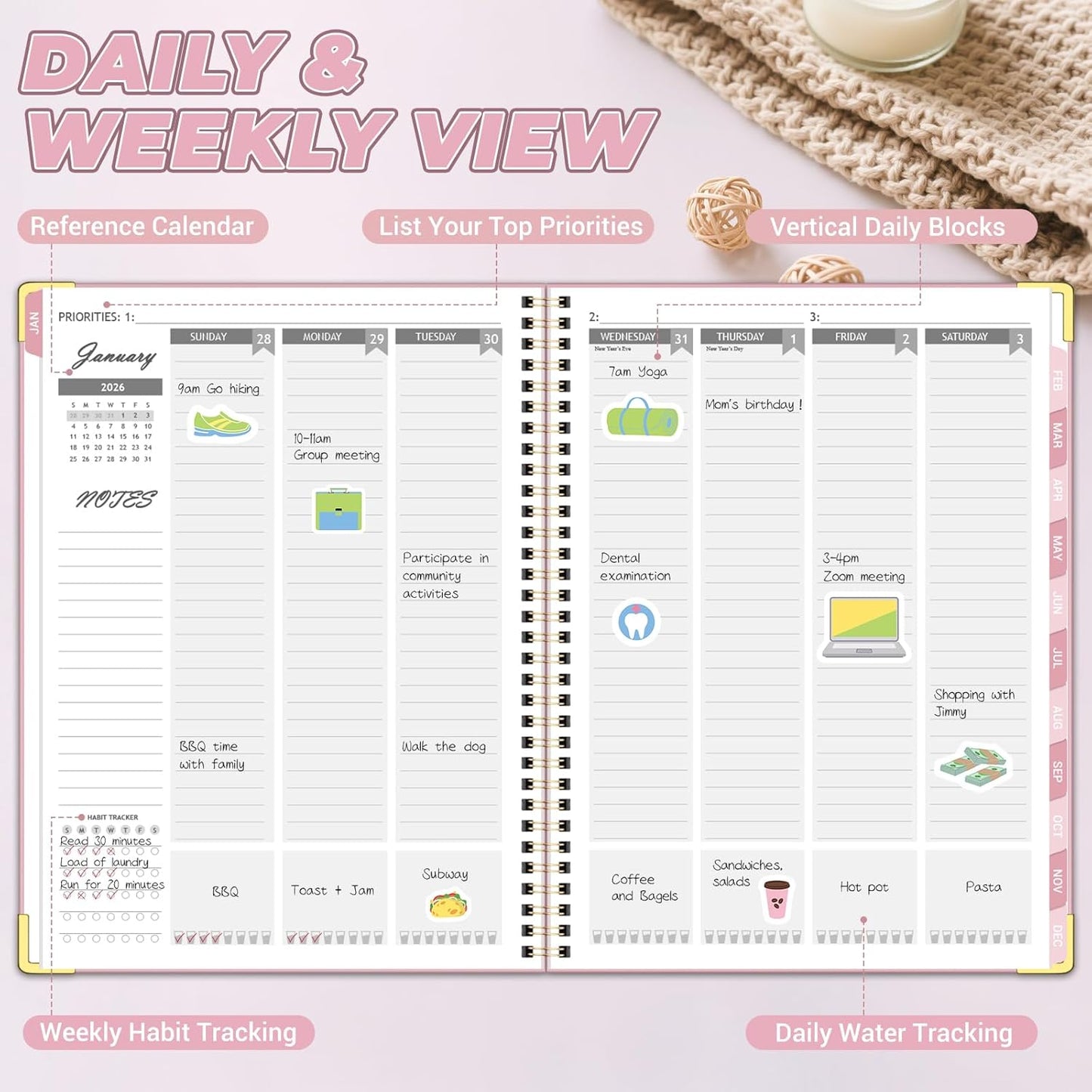 Academic Planner 2026 (8.5" x 11") - Weekly & Monthly Planner (Jan. 2026 - Dec. 2026), Column View Calendar Organizers, Hardcover Agenda Book with Tabs for Office & School, Pink