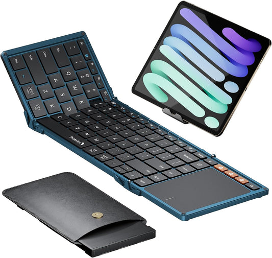 ProtoArc Foldable Keyboard with Touchpad, XK01 TP Folding Portable Keyboard, Full Size Keys, Large Trackpad Bluetooth Travel Keyboards for Laptop PC Tablet - Blue