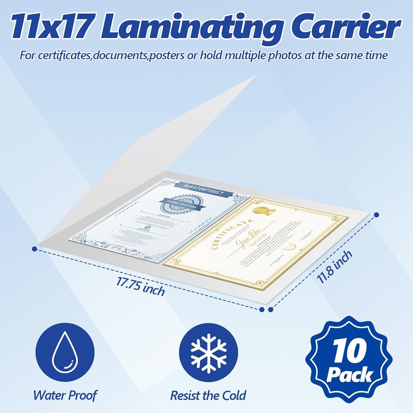 10 Pack ID Card Size Laminator Carrier Sleeve 11.75X17.75 Inch Thermal Laminating Carriers Sheets Protection Thermal for All Brand Laminating Pouches Work Permits Pass Cards Student ID Cards