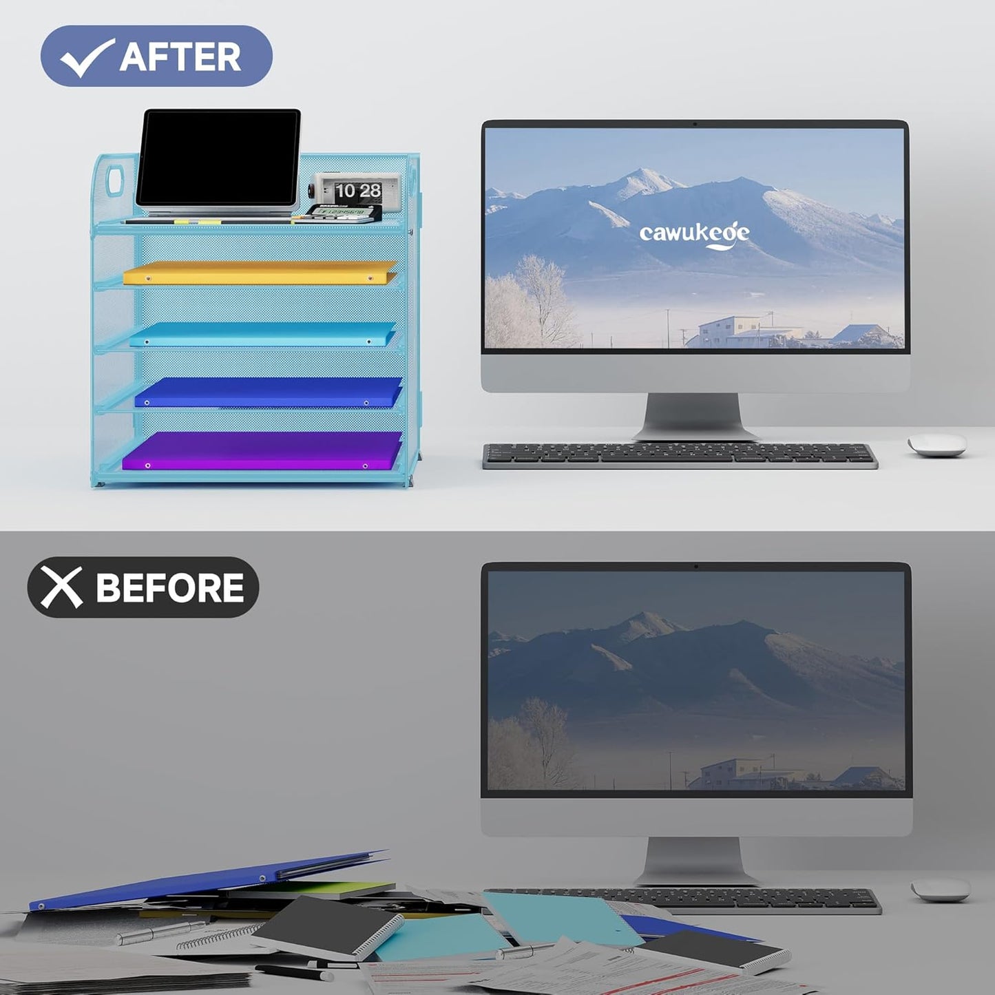 5 Tier Paper Organizer with Handle, Metal Mesh Desk Organizer File Folder Paper Letter Tray Desktop Document Sorter for Classroom, School, Office Accessories Organization and Storage - Blue