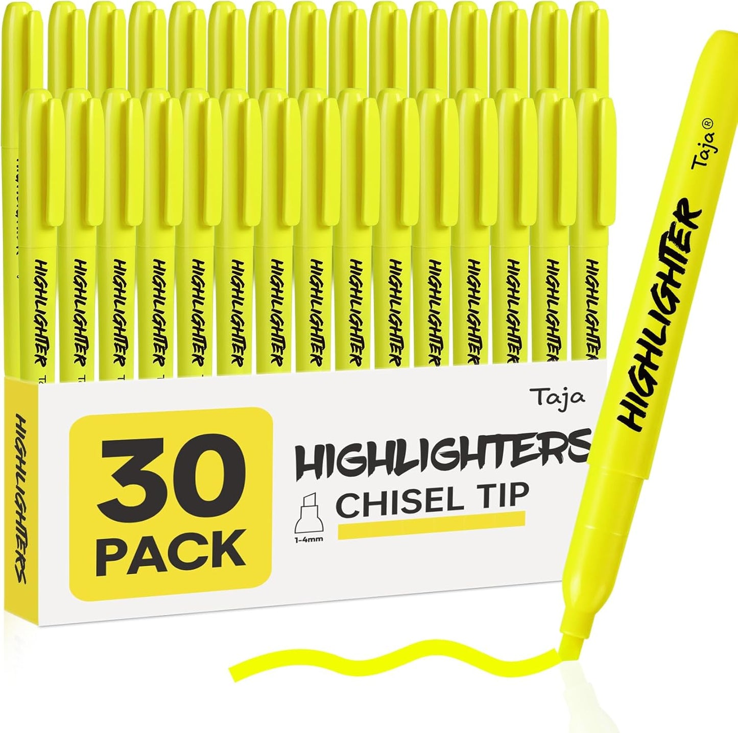 Taja 30 Pack Yellow Highlighters Bulk, Chisel Tip Highlighters Markers Set with No Bleed Ink, Perfect for School & Office Supplies