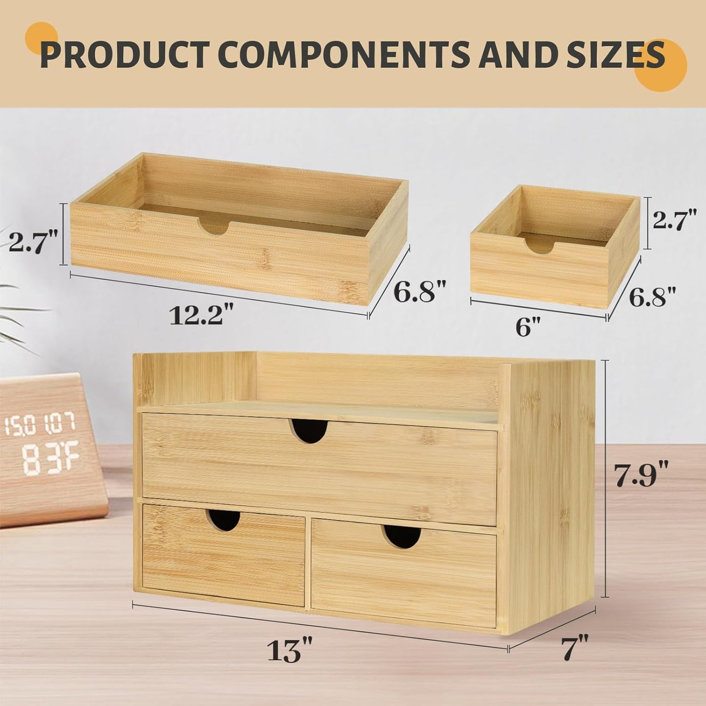 Bamboo Desk Organizer, Desktop Organizer with 3 Drawer, Tabletop Storage Organization Box for Bills, Countertop, Home Office Supplies