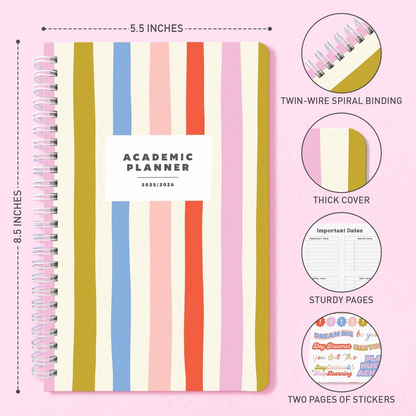 Sweetzer & Orange Academic Planner 2025-2026 – Student Planner for August 2025 to July 2026 – Weekly & Monthly Layout – Sturdy Cover & Stickers – Multicolor Stripes Design – 5.5” x 8.5”
