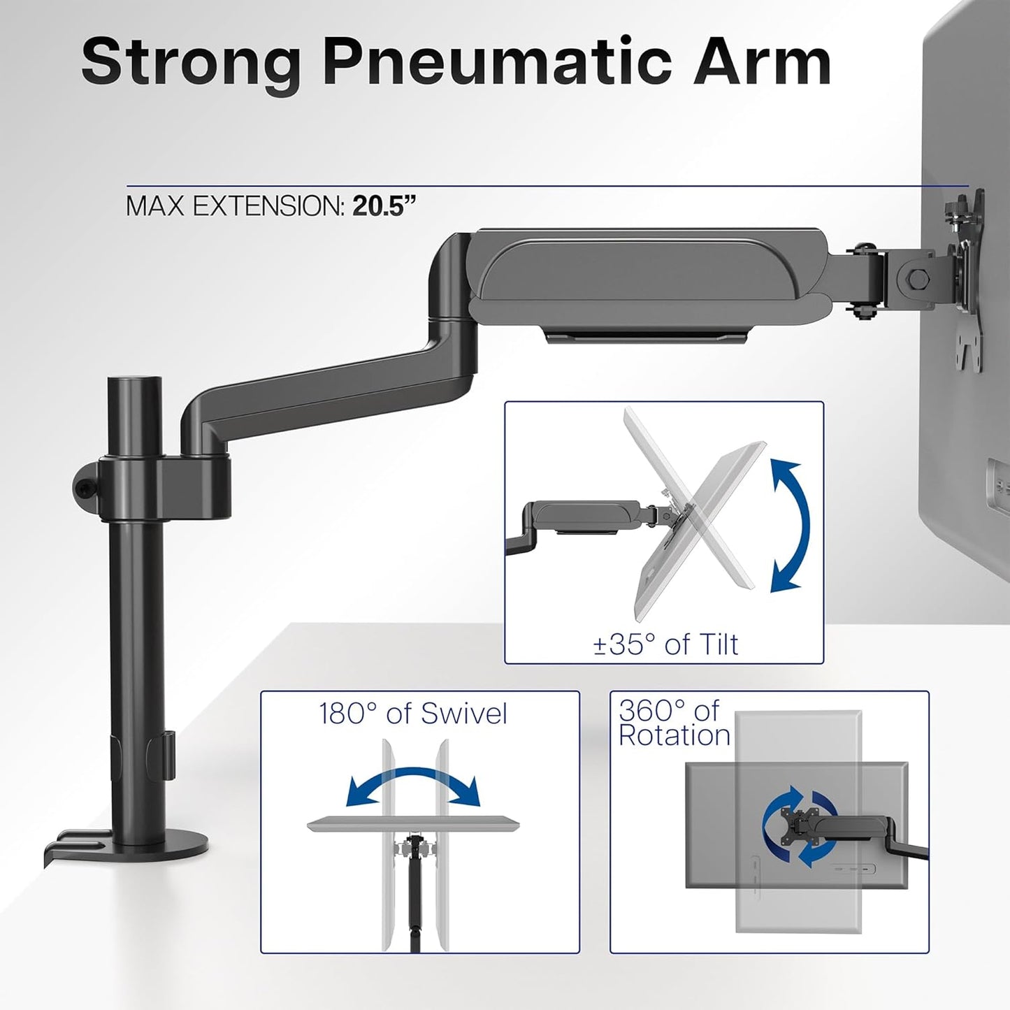 VIVO Single Monitor Arm Mount for 17 to 32 inch Screens - Pneumatic Height Adjustment, Full Articulating Tilt, Swivel, Heavy Duty VESA Stand with Desk C-clamp and Grommet Option STAND-V001K