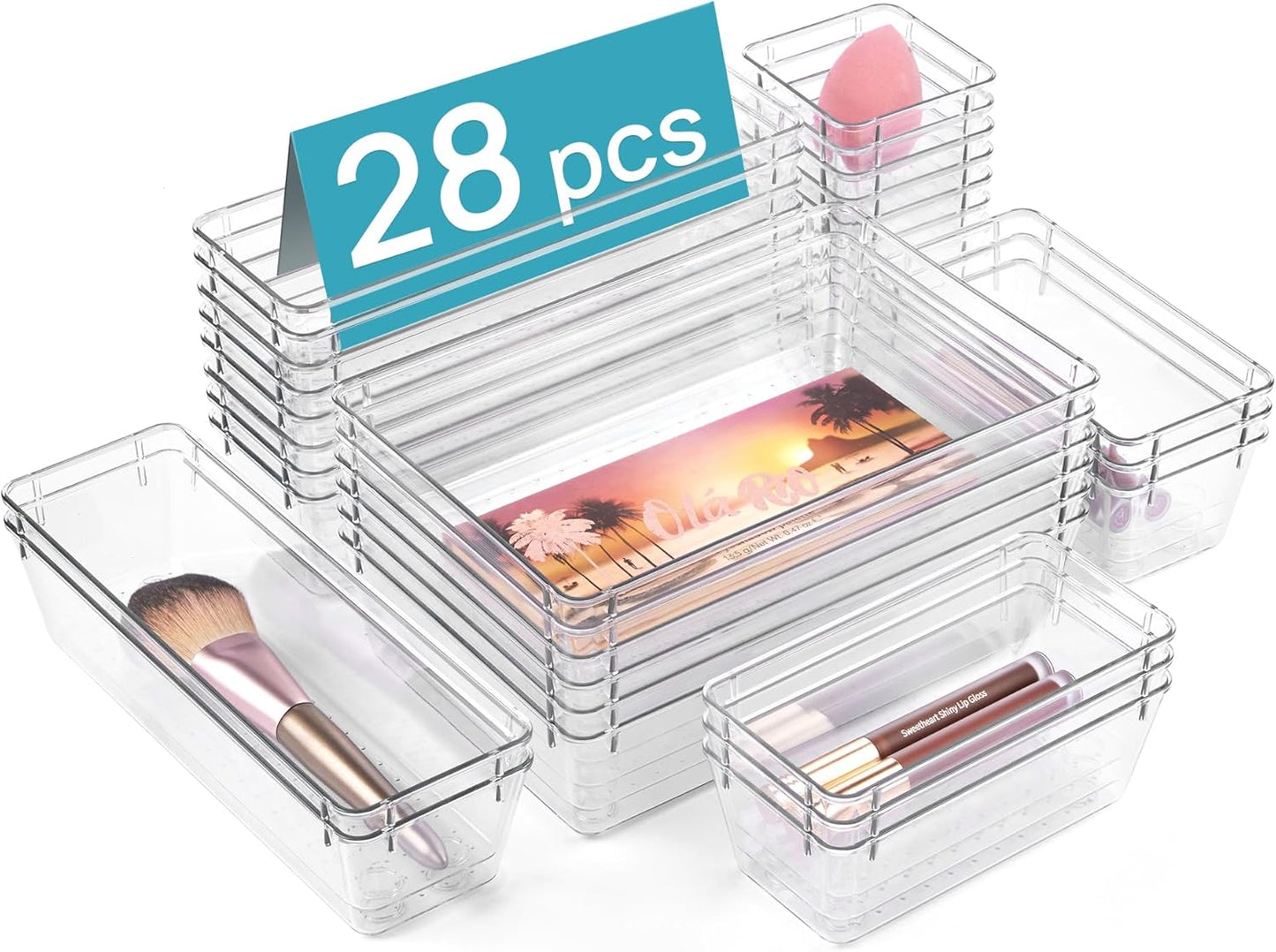 Vtopmart 28 PCS Clear Plastic Drawer Organizers Set, 4-Size Bathroom and Vanity Drawer Organizer Trays, Acrylic Storage Bins for Toiletries, Makeup, Cosmetic, Kitchen Utensils, Tool, Gadgets