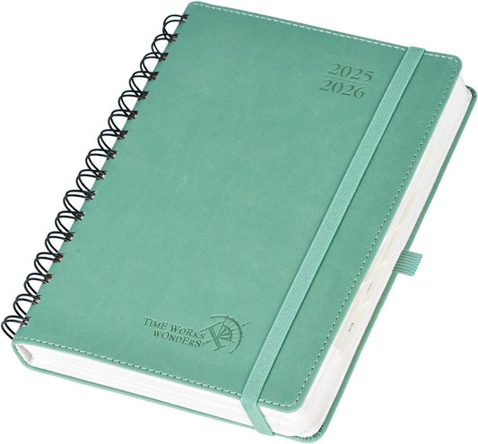 POPRUN Daily Planner 2025-2026 One Page per Day (6'' x 8.5'') with Spiral Bound Leather Soft Cover, Academic Year Appointment Book (Jul.2025 - Jun.2026) with Hourly Slots, Inner Pocket- Midnight Green