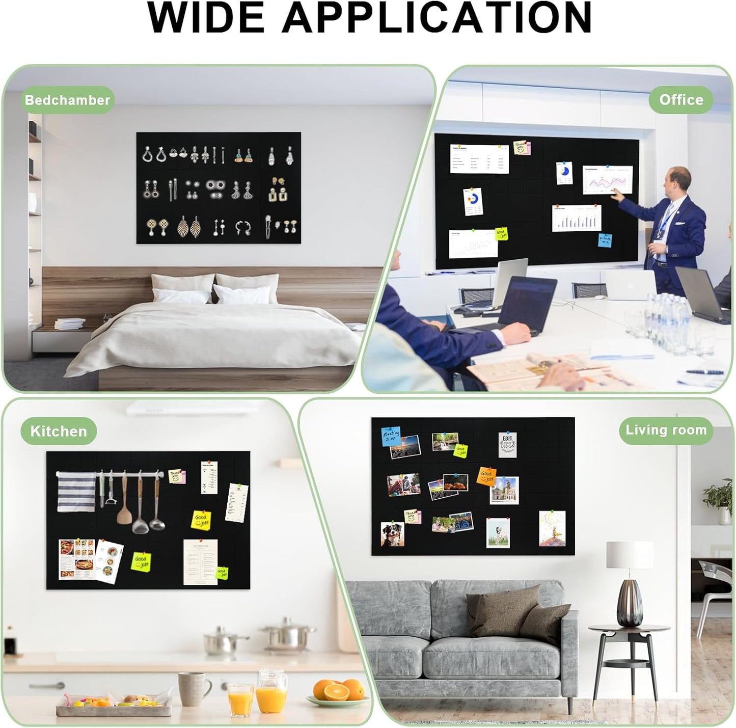 12 Pack Large Cork Board for Walls, 48" X 36" Felt Bulletin Board Tiles with 48 Safe Removable Adhesive Tabs & 60 Push Pins Board Decorative Cork Board Tack Board Wall Organizer for Office - Black