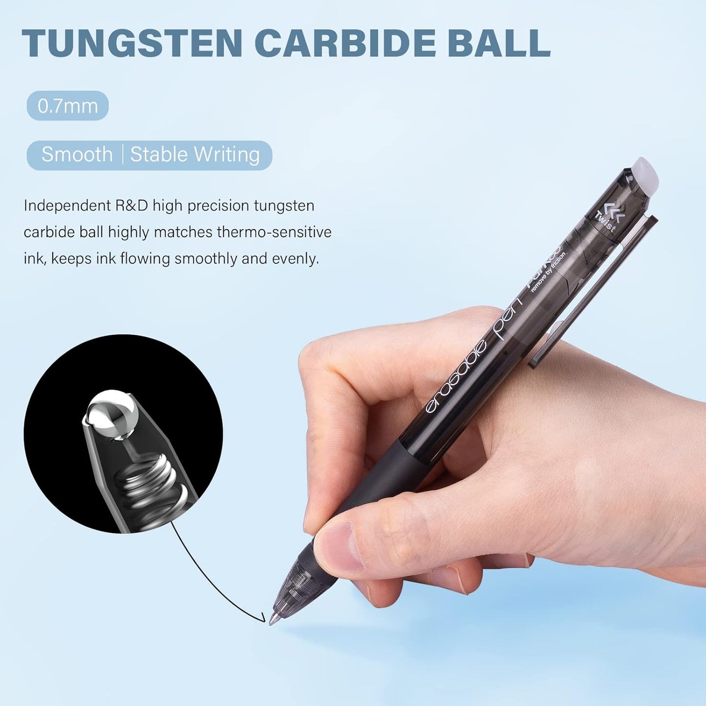 ParKoo Retractable Erasable Gel Pens 0.7mm, 12 Black Twist Pens Fine Point, Make Mistakes Disappear, Smooth Writing with Comfortable Grip for Journaling Drawing Note Taking