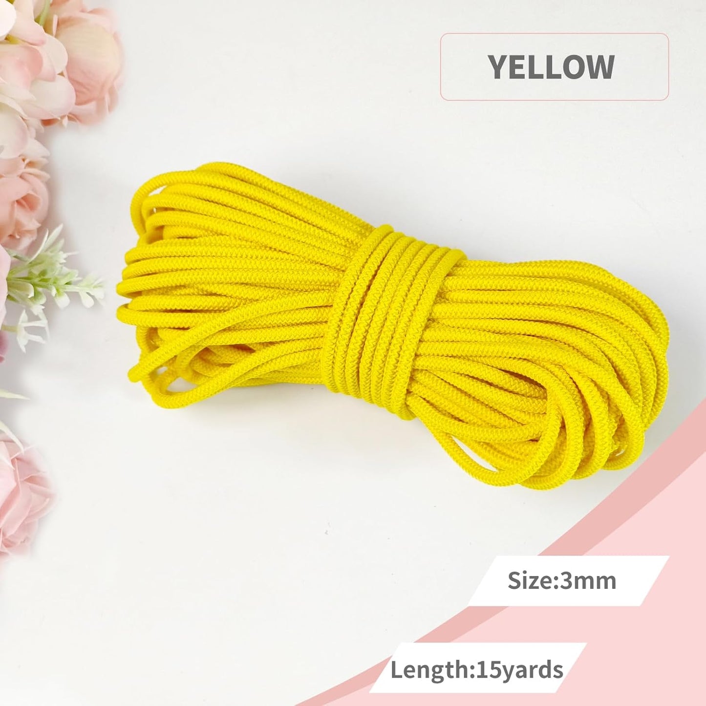 1/8 inch Non-Slip Elastic Band -3mm 15 Yards Soft Elastic Cord Stretch String Braided Thread for Sports Gear, DIY Crafts, Hair Bands, Shoelaces,Apparel Making & Camping Tie Down (Yellow)