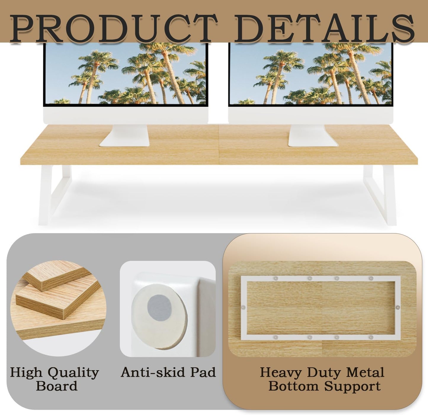 TEAMIX 31.5 inch Dual Monitor Riser - Wide TV Stand for 2 Monitors - Wood & Steel Desktop Riser for Dual Screen Office Desk Organization