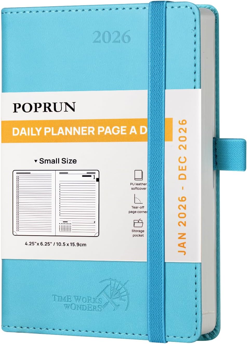 POPRUN Daily Planner 2026 (Jan - Dec), (Purse Size-4.25" x 6.25") 2026 Daily Calendar with One Page Per Day Even Weekends, Hourly Appointment Book with Pocket, PU Leather Softcover - Blue Green