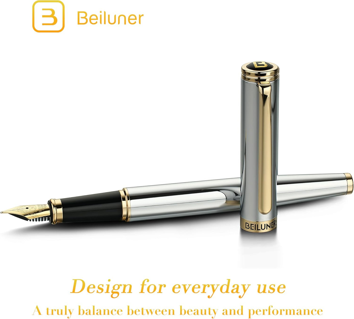 BEILUNER Silver Chrome Fountain Pen,Stunning Luxury Pens with 24K Gold Accents, Gorgeous 24K Gilded Nib(Medium), Ink Converter,Fancy Pen Gift for Men&Women-Elegant, Office, Executive,Nice for Writing
