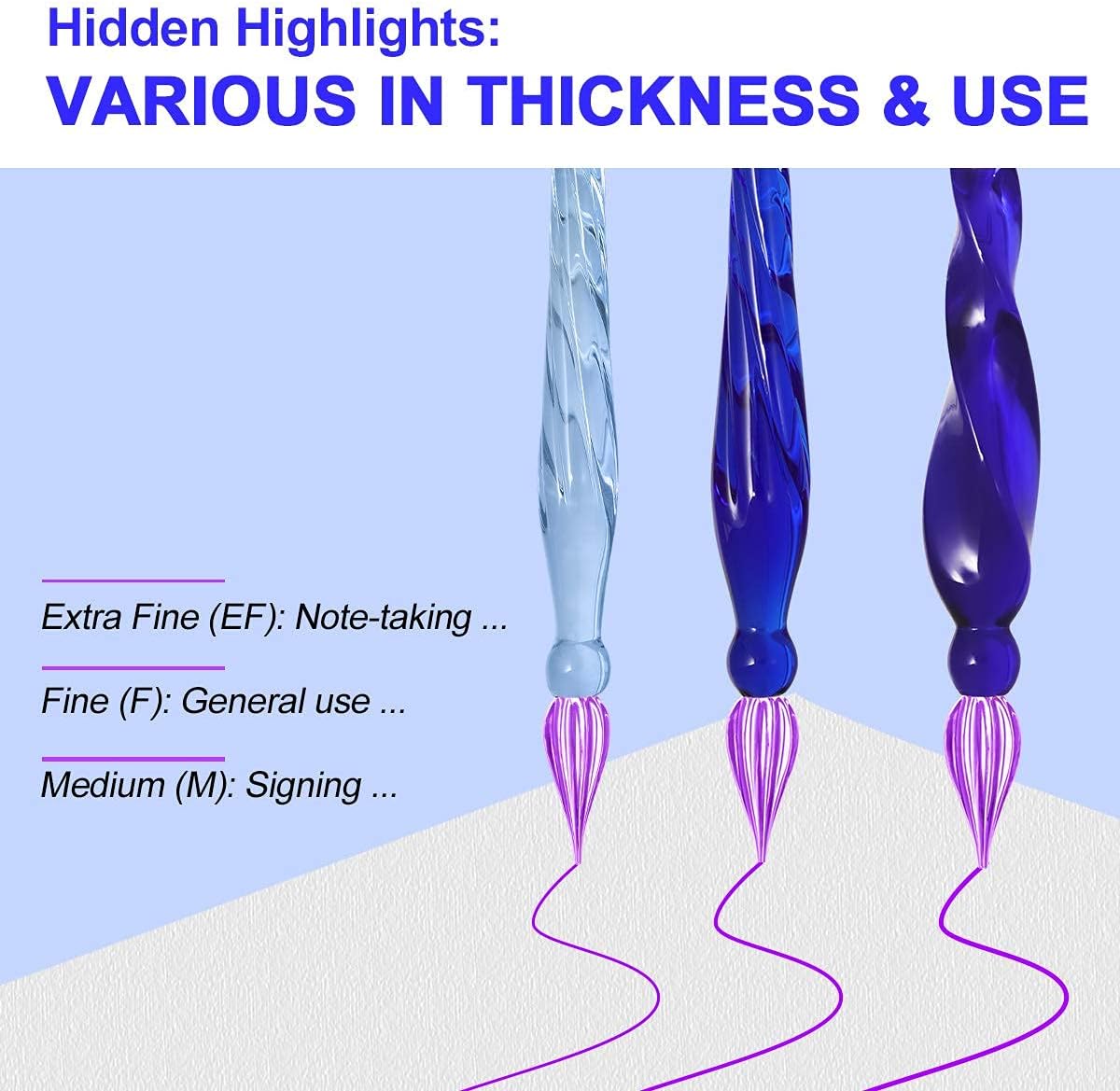 ESSSHOP Glass Pen Calligraphy Set - 3 Blue Crystal Dip Pens Color Ink and Pen Holder Art Supplies Kit for Signatures Beginners Journaling Lettering Drawing Holiday Gift Decoration