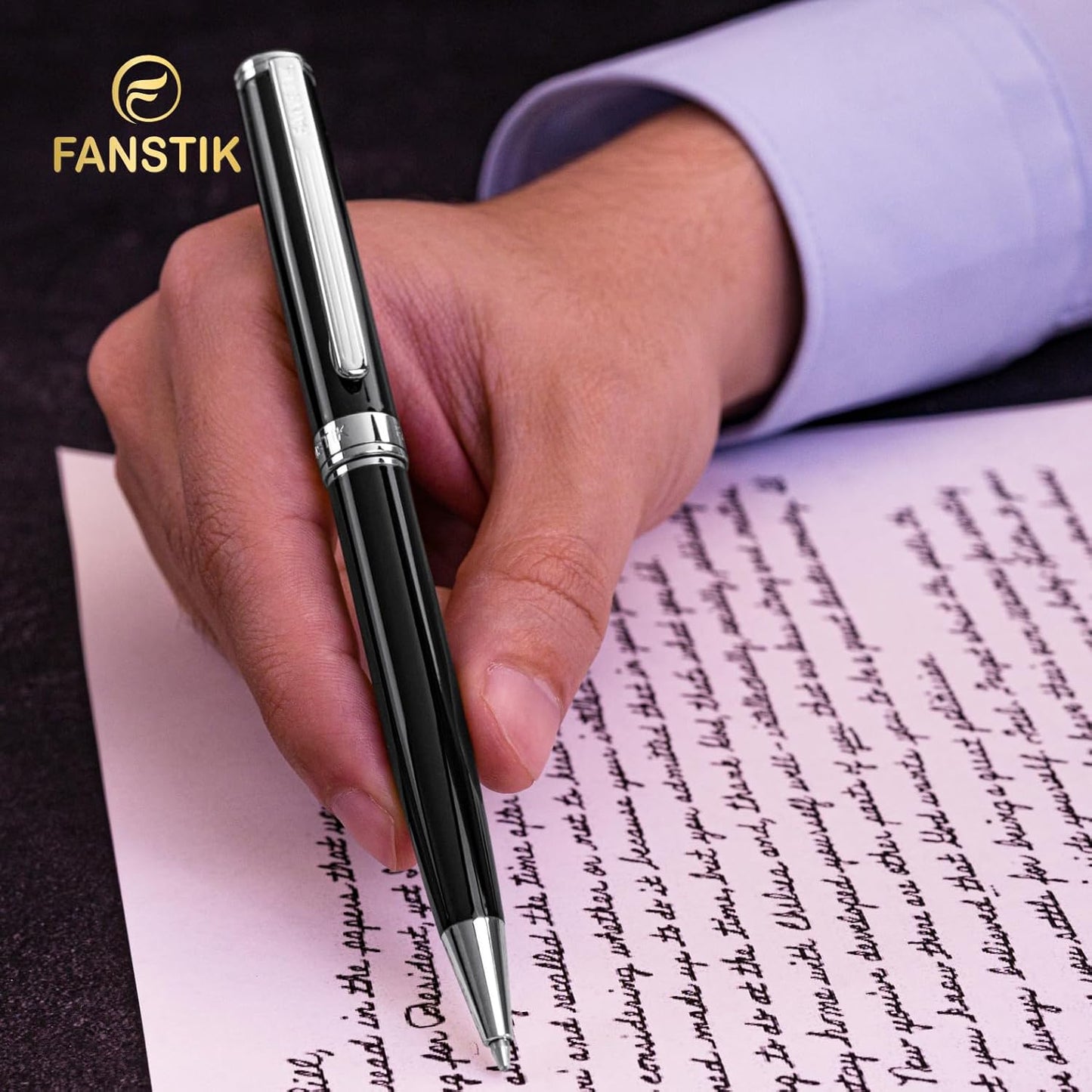 Customized Black & Silver Luxury ballpoint pen (Made In USA) fancy gift set for women, Real 24K Gold Plating, Professional executive pen gift set for men (Lux Custom-BallPoint Black-Silver)