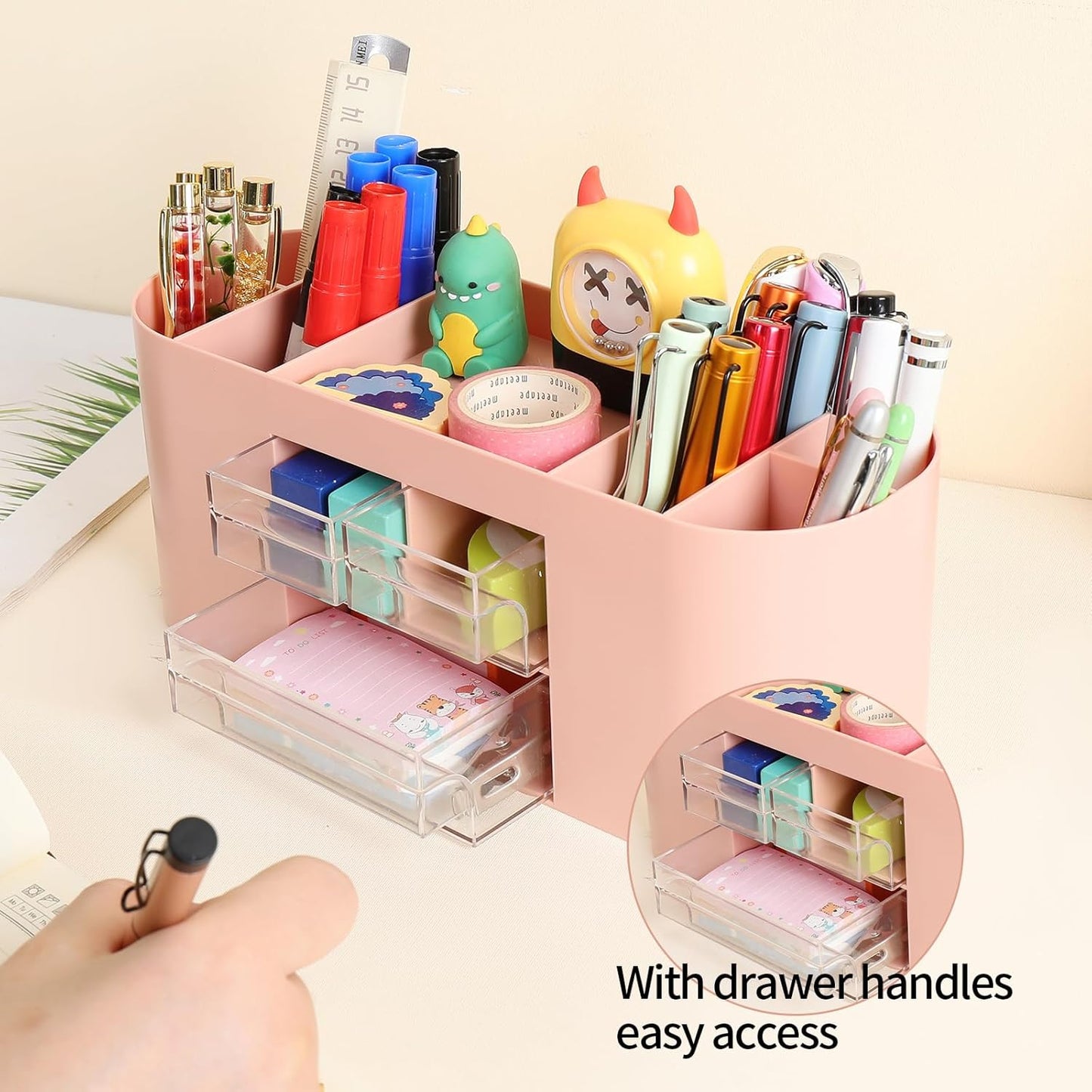 INSTOME Pencil Pen Holder for Desk with 3 Drawers - All-In-One Desk Organizer - Perfect Desk Accessories for Office Use - Stylish & Convenient Desk Organizers and Accessories (Pink)