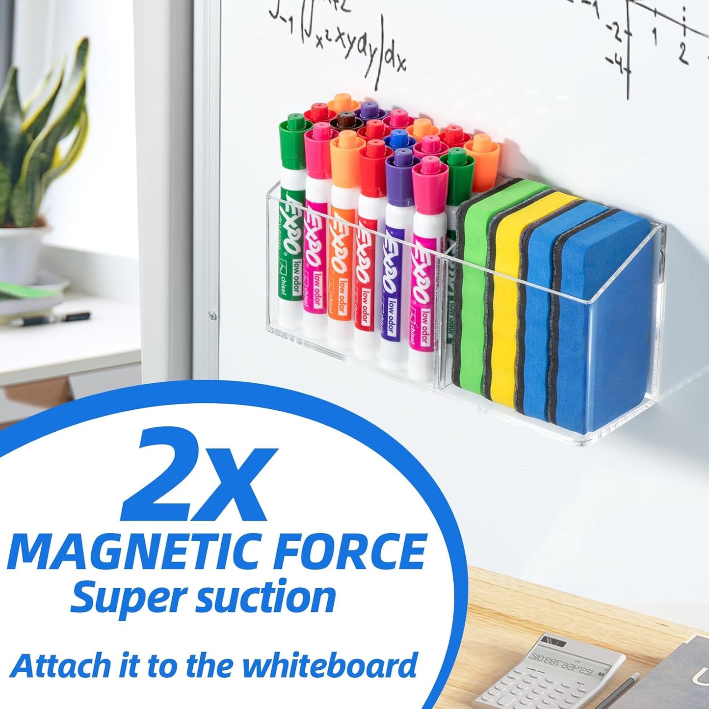 Simetufy Large Magnetic Dry Erase Marker Holder, Magnetic Pen Holder, Whiteboard Marker Holder with Movable Divider for Glass, Fridge & Locker, Non-slip Acrylic Magnetic Marker Holder