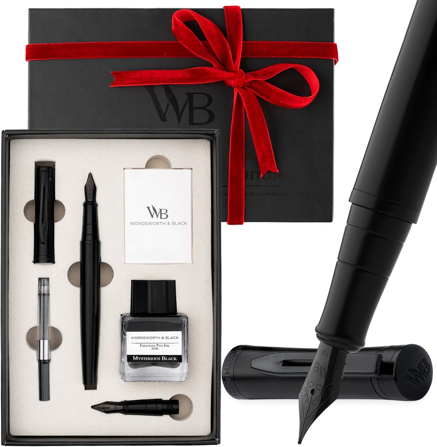 Wordsworth & Black Fountain Pen Set, 18K Gilded Medium and Extra Fine Nib, 25ML Black Ink Bottle, 6 Ink Cartridges,Refill Converter,Gift Box,Smooth Writing Pens [All Black],Gift Set for Men and Women