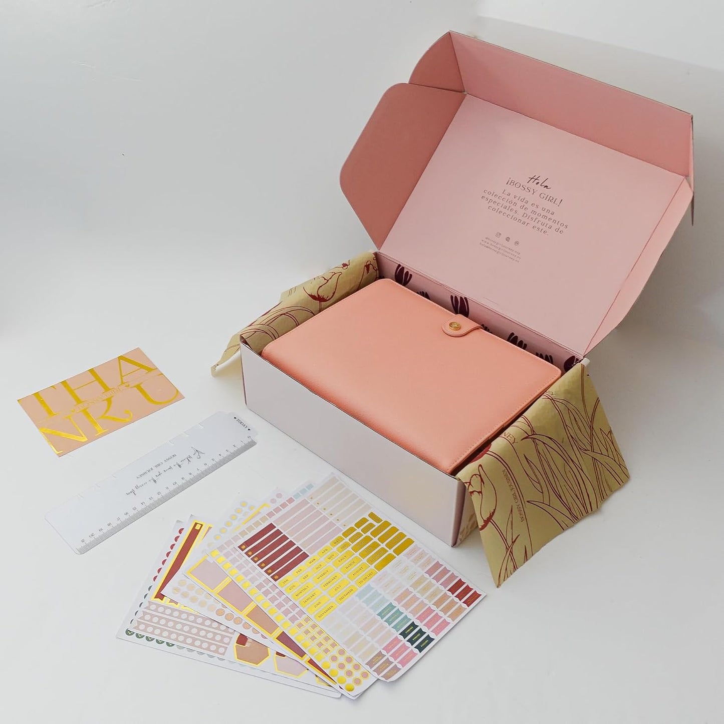 Bossy Girl Journey - A5 Daily Planner Binder – Undated Time Blocking Refillable Organizer for Women with 110gsm Paper, PU Leather Cover, Stickers, Dividers, Pen Loop, Gift Box – Goal Setting & Productivity (Rose)