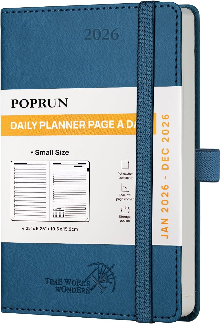 POPRUN Daily Planner 2026 (Jan - Dec), (Purse Size-4.25" x 6.25") 2026 Daily Calendar with One Page Per Day Even Weekends, Hourly Appointment Book with Pocket, PU Leather Softcover - Night Sky Blue