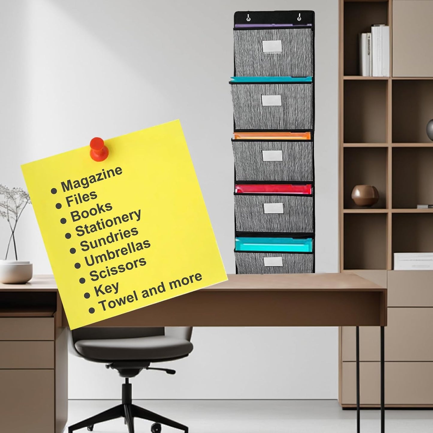 homyfort Over the Door File Organizer, Hanging File Folders Wall Organizer with 5 Large Pocket for Papers, Charts, Mails, Magazine, Office (Black)