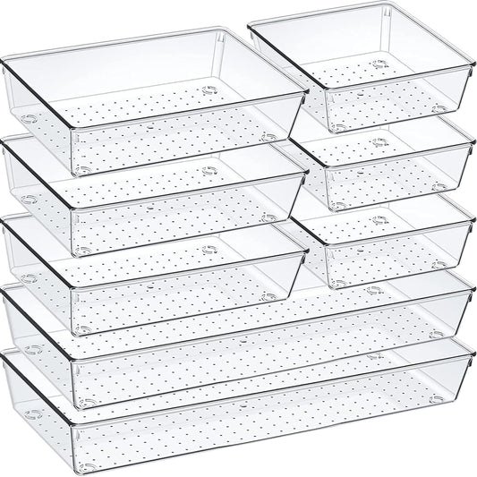 Criusia Drawer Organizer Set, Acrylic Non Slip Non Cracking Kitchen Drawer Storage Tray Large Size Divider, Multifunctional Storage for Cosmetics, Bathroom, Tools, Kitchen and Office (8 PACK)