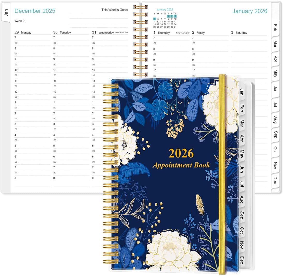 2026 Appointment Book & Planner - 2026 Daily Hourly Planner from January 2026 - December 2026, Weekly Appointment Book with 30-Minute Interval, Medium 6.4" x 8.5", Blue Leaf Flower