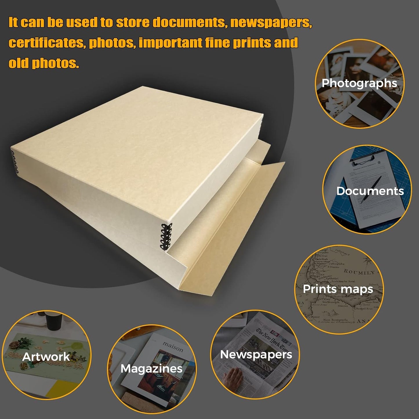 Golden State Art, Archival Storage Box, Acid-Free Drop Front Museum Box with Metal Edge for Storing Artwork Photos Documents Prints Arts And Crafts (Tan-17.75x22.75x3 Inches)