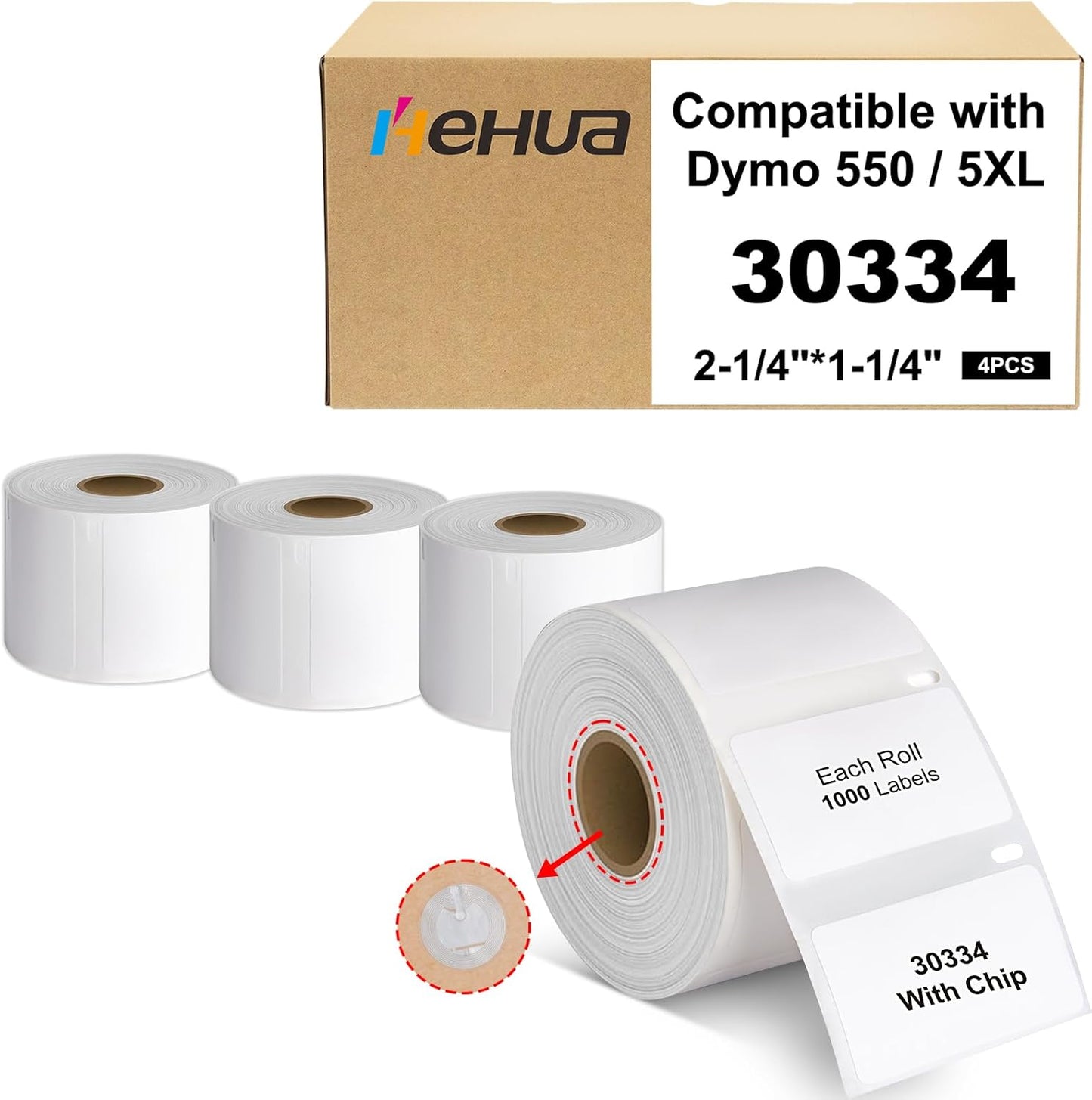 Hehua 2-1/4" x 1-1/4" Compatible with DYMO Labelwriter 550 5XL 30334 with RFID Chip, Multipurpose Barcode & FNSKU Labels, Perforated, Compatible with DYMO Desktop Printers, Total 4000 Labels/4 Rolls