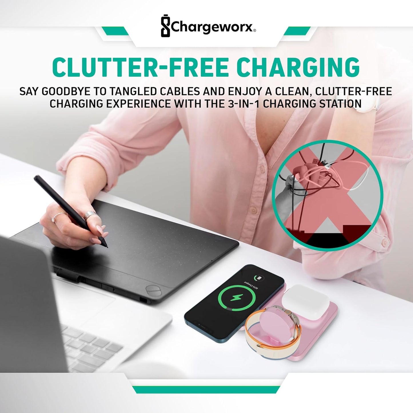 CHARGEWORX 3-in-1 Wireless Charger, Foldable Magnetic Charging Station with 15-Watt Fast Charging, Compatible with iPhone, Samsung, and Other Phones, Smartwatches, and Headphones, Pink