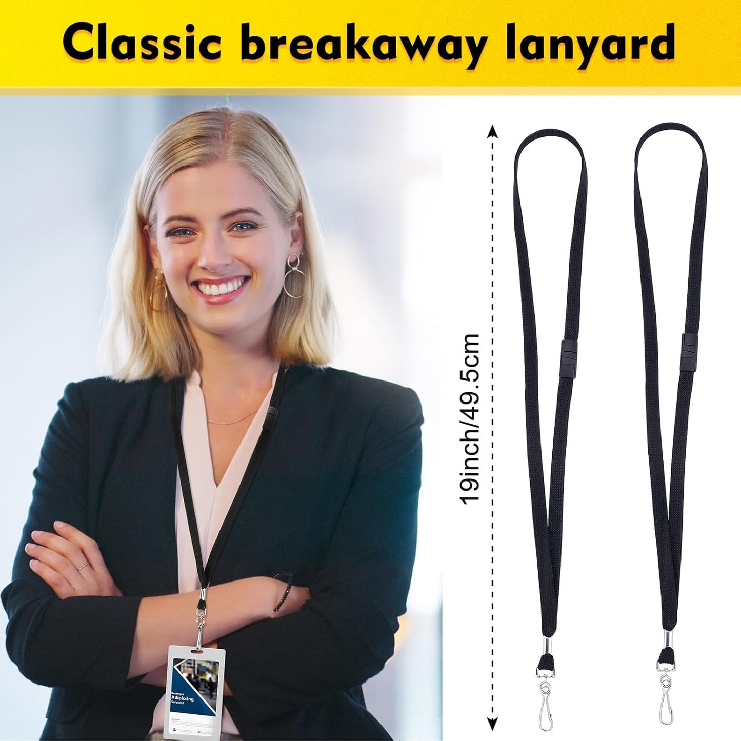 Honoson Badge Lanyard with J-hook Bulk Safety Flat Lanyards 19.5 Inches Black Soft Woven Neck Lanyards for ID Badges Name Tag