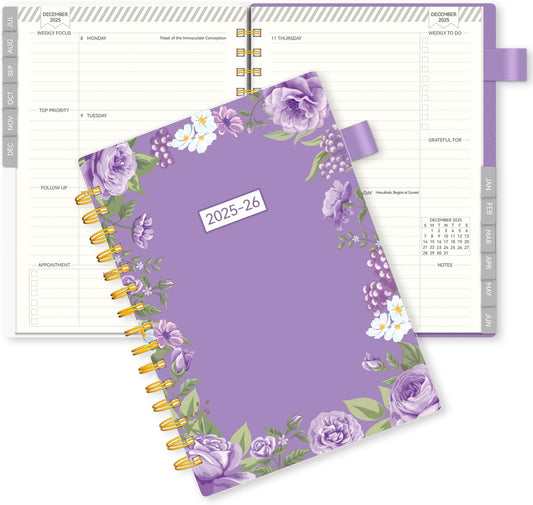 Planner 2025-2026, Academic Planners for Teacher & Student, AIMPEAK Weekly & Monthly Calendar Planner for Women, Daily Planners run from Jul.2025 - Jun.2026, Monthly Tabs, Spiral Binding, Purple Garland, 5.5"x8.5"