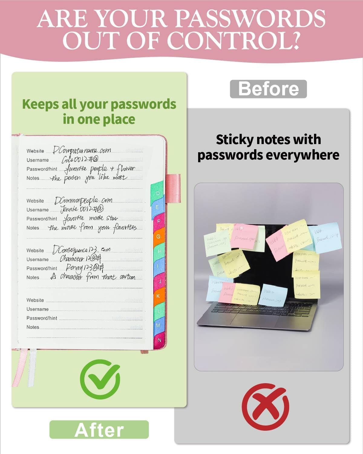 Password Keeper Book with Colorful Alphabetical Tabs, Hardcover Password Log-Book for Internet Password and Website Address, 5.8"×8.4" Password Notebook for Home Office (Pink)