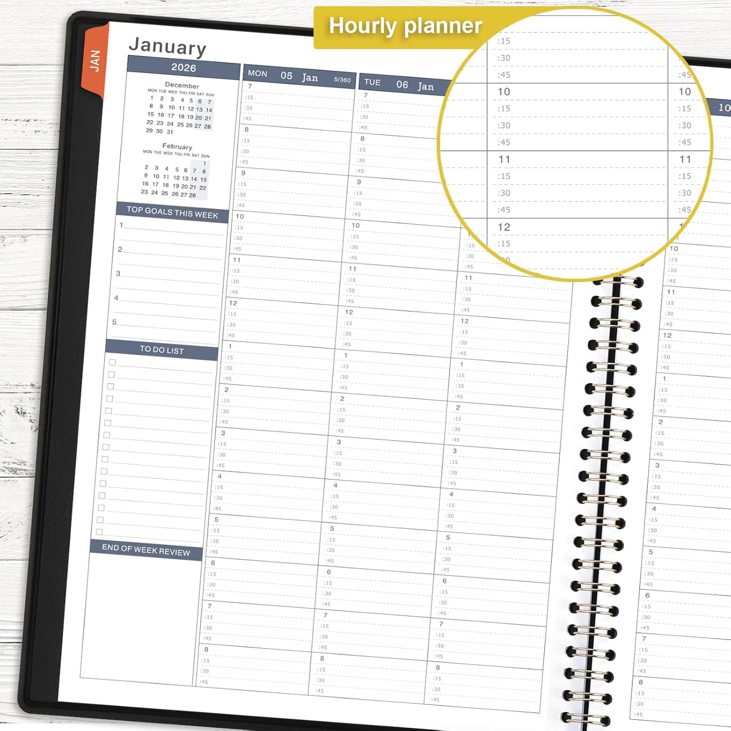 Appointment Book/Planner 2026 - Weekly Appointment Book 2026, January 2026 - December 2026, Daily/Hourly Planner with Tabs, 15 Minutes, 8.26" x 11.4", Wirebound - Black