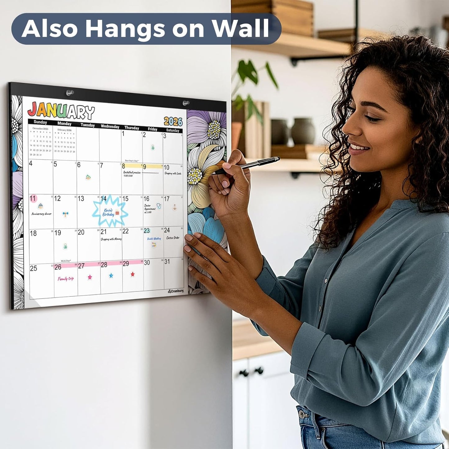 CRANBURY Coloring Desk Calendar 2026, 13.25x17" Doodle Deskpad Calendar or Large Hanging Wall Planner, Includes Planner Stickers, 14 Months, Use Nov 2025 to Dec 2026