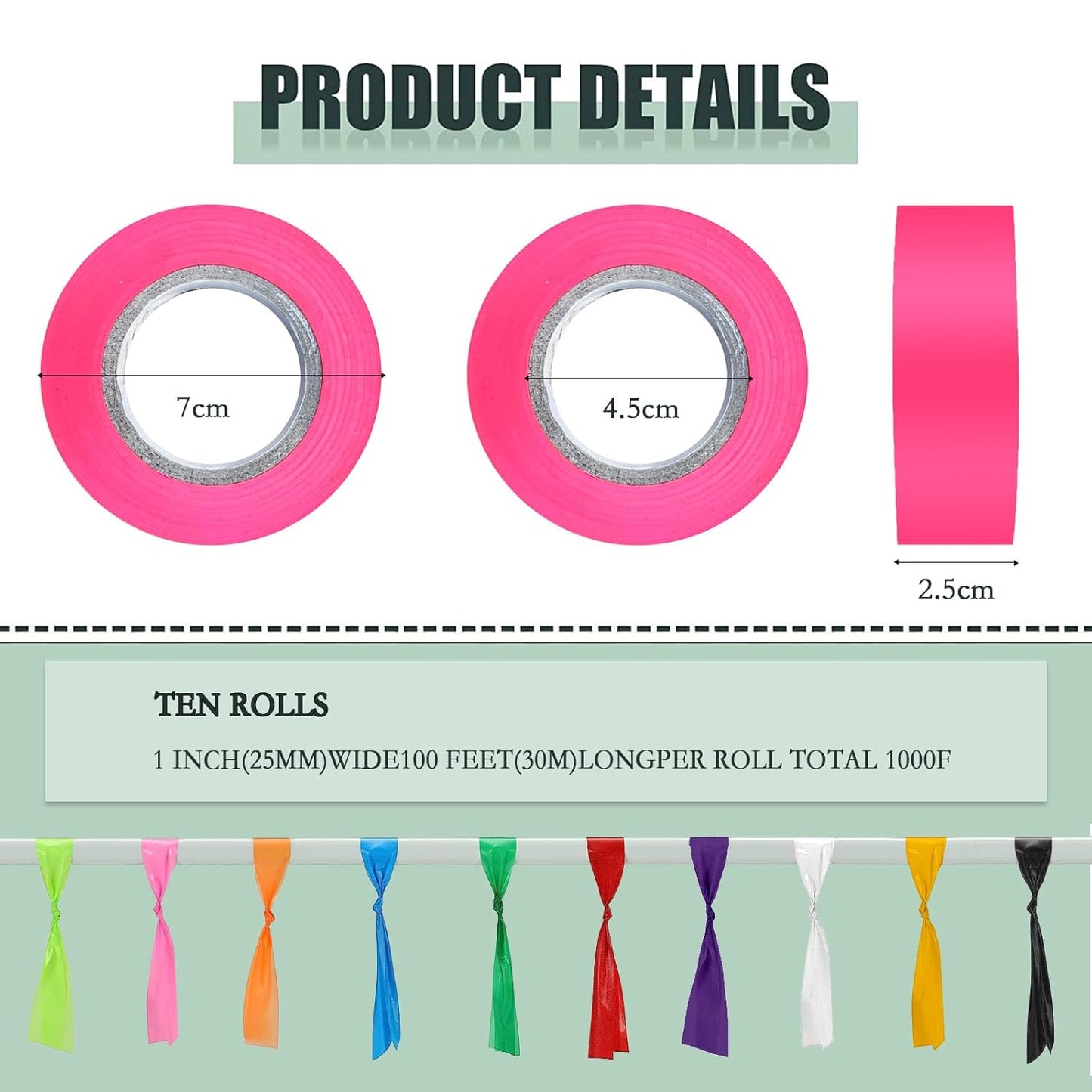 10 Pack Flagging Tape Assorted Colors, Non-Adhesive Plastic Ribbon Neon Marking, Marking Tape for Tree Marking, Hunting, Boundaries and Hazardous Areas,Trail Marking