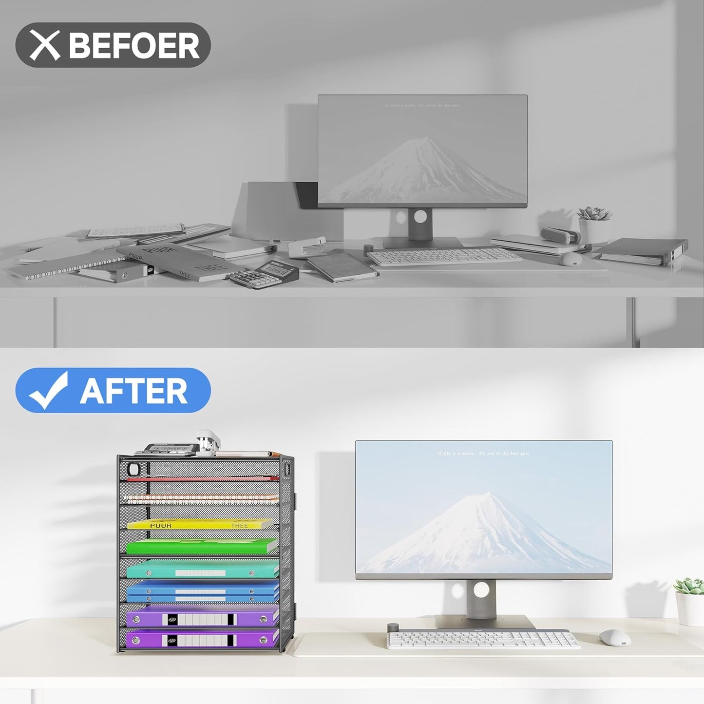 9 Tier Paper Organizer with Handle, Large Capacity Desk Organizer Mesh Paper Letter Tray File Folder Document Sorter for Classroom and Office Accessories Organization- Grey (2 Pack)