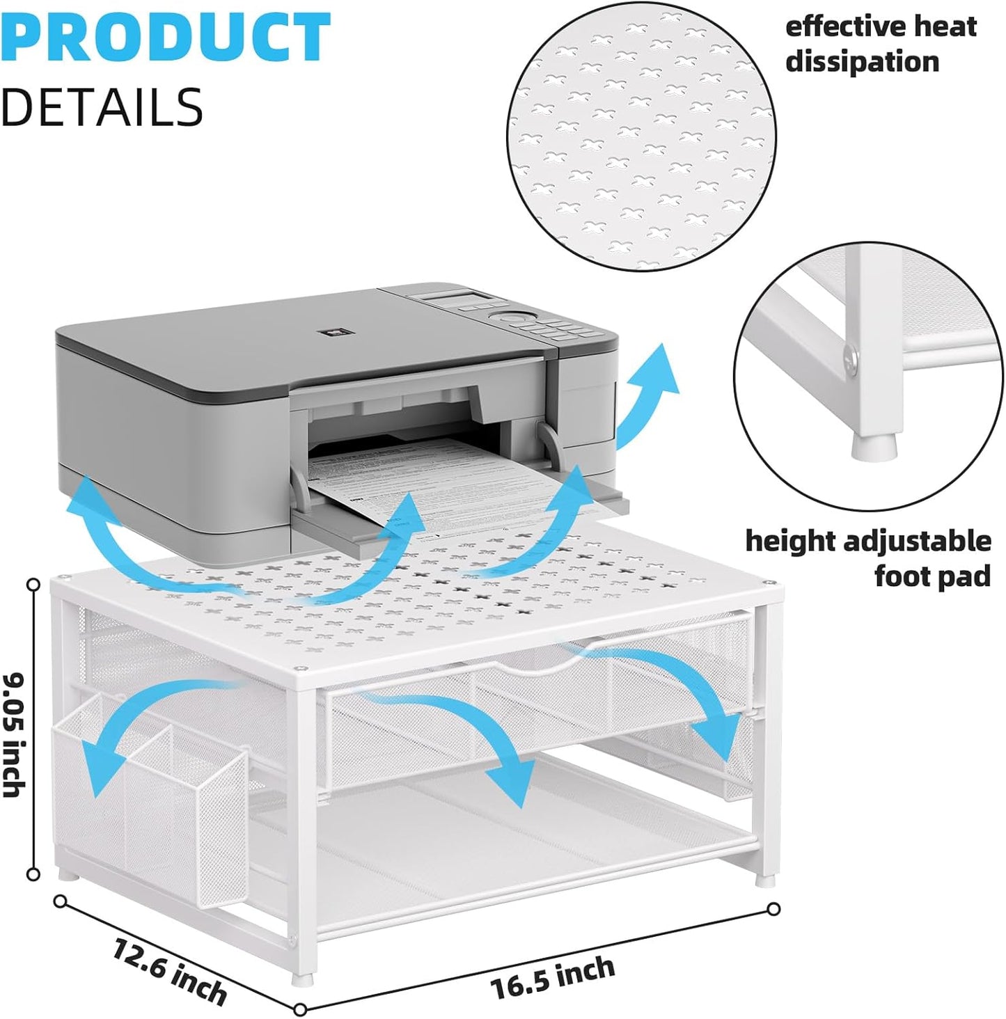 Marbrasse Metal Printer Stand for Desk with Storage Drawer and 2 Pen Holders, 2-Tier Desktop Organizer Printer Table for Home Office, Multi-Purpose Desk Organizer for Fax Machine Scanner Files(White)
