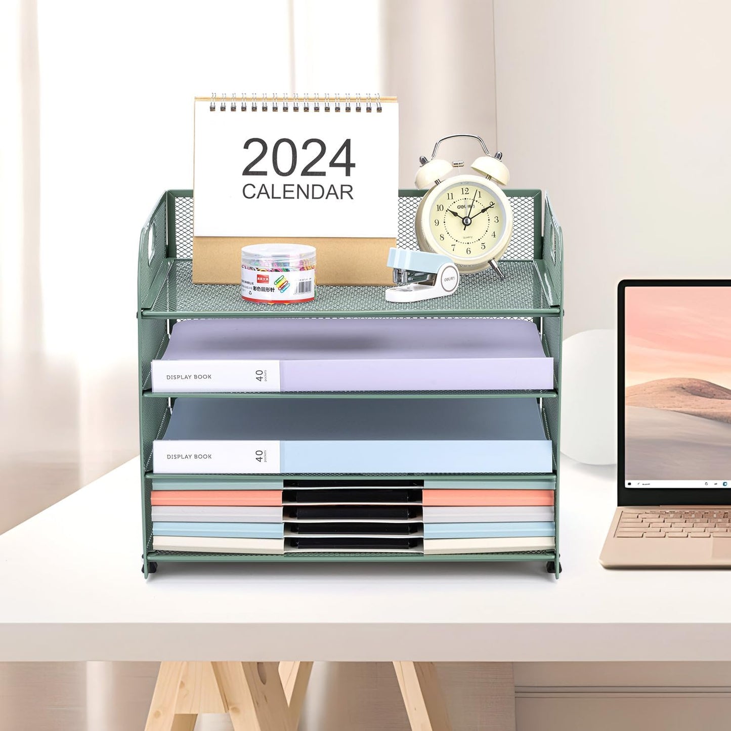 Green Mesh Letter Tray Paper Organizer with Handle - 4-Tier Desk Organizer for Office Supplies